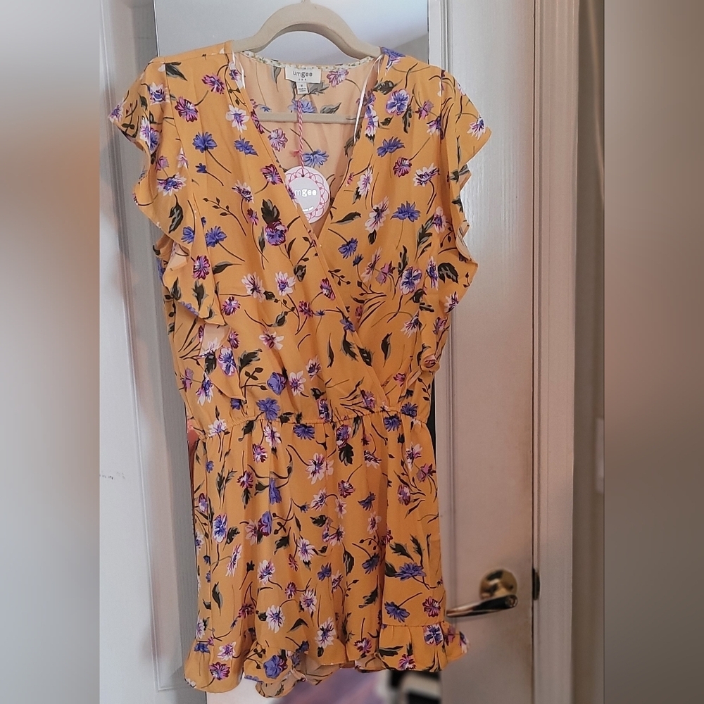 Umgee Mustard Yellow Floral Wrap Dress with Purple & Black Print